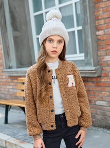 SHEIN Girls Letter Patch Detail Drop Shoulder Teddy Bomber Jacket - Camel - View 5