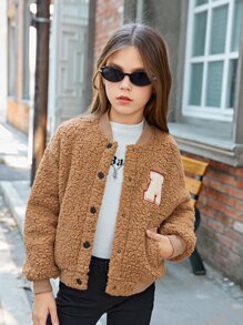 SHEIN Girls Letter Patch Detail Drop Shoulder Teddy Bomber Jacket - Camel - View 7