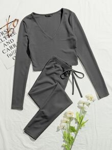 SHEIN EZwear V-neck Rib-knit Solid Tee and Knotted Waist Leggings Set - Dark Grey - View 1