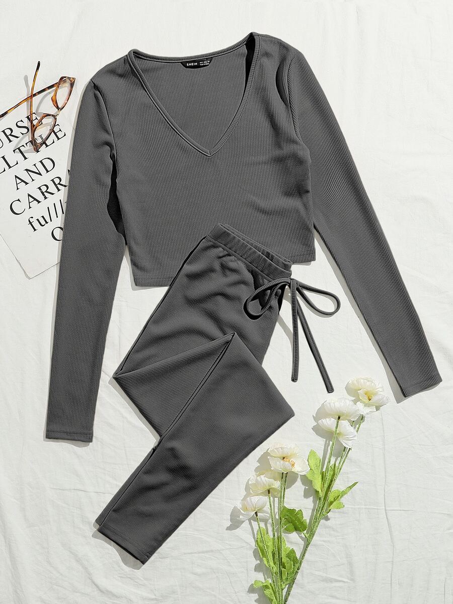 SHEIN EZwear V-neck Rib-knit Solid Tee and Knotted Waist Leggings Set - Dark Grey - View 1