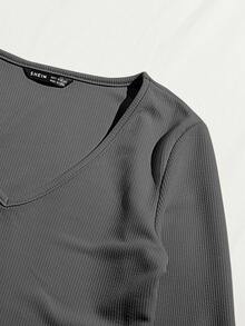 SHEIN EZwear V-neck Rib-knit Solid Tee and Knotted Waist Leggings Set - Dark Grey - View 4