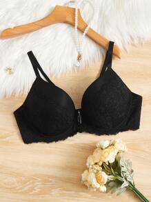 Plus Floral Lace Underwire Bra - Black - View 1