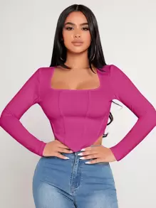 SHEIN PETITE Áo thun nữ Bất đối xứng màu trơn Giải trí - Màu đỏ tím - Xem 1