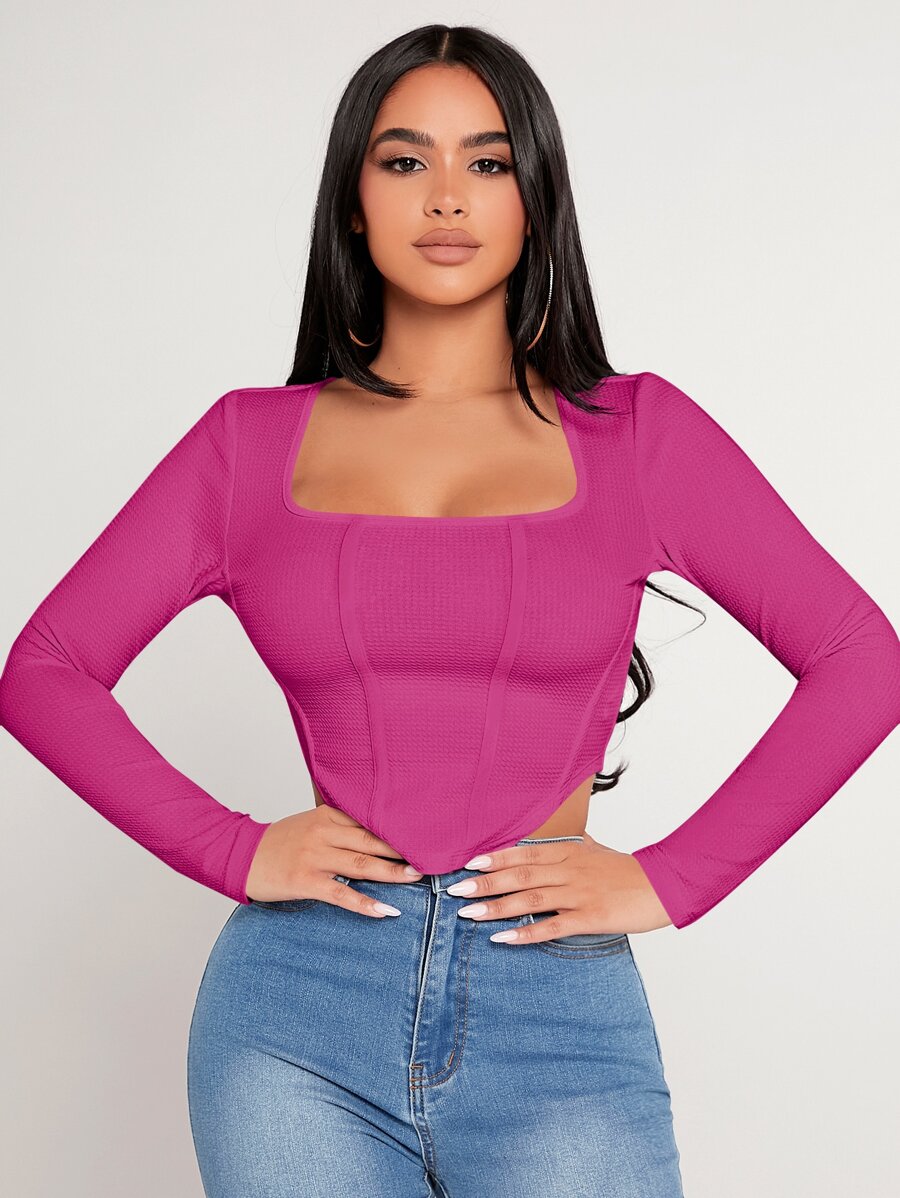 SHEIN PETITE Áo thun nữ Bất đối xứng màu trơn Giải trí - Màu đỏ tím - Xem 1