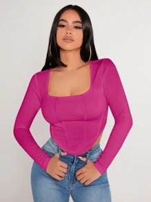 SHEIN PETITE Áo thun nữ Bất đối xứng màu trơn Giải trí - Màu đỏ tím - Xem 3