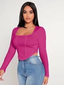 SHEIN PETITE Áo thun nữ Bất đối xứng màu trơn Giải trí - Màu đỏ tím - Xem 4