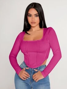 SHEIN PETITE Áo thun nữ Bất đối xứng màu trơn Giải trí - Màu đỏ tím - Xem 6
