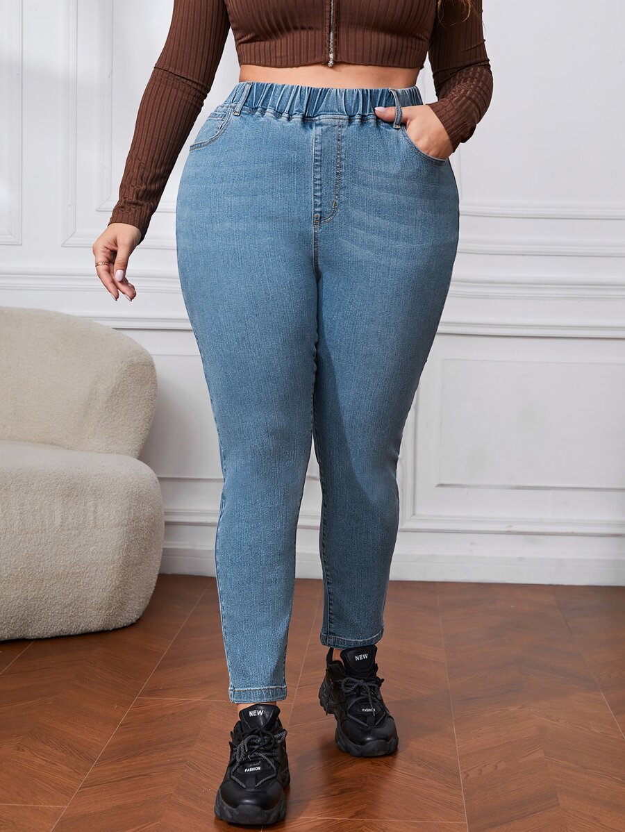 Plus High Waist Skinny Jeans - Medium Wash - View 1