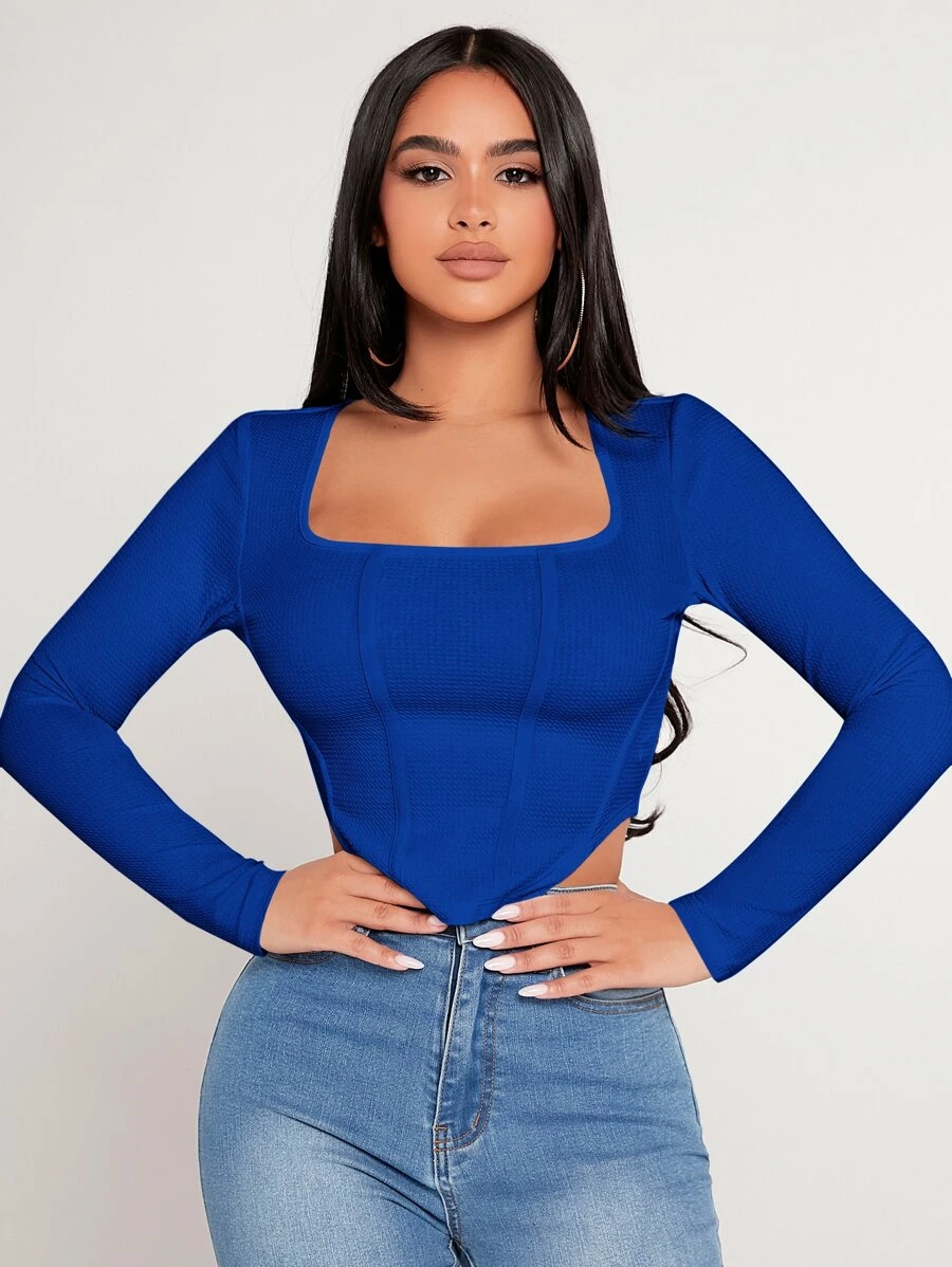 SHEIN PETITE Square Neck Asymmetrical Hem Tee - Royal Blue - View 1
