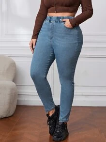 Plus High Waist Skinny Jeans - Medium Wash - View 3