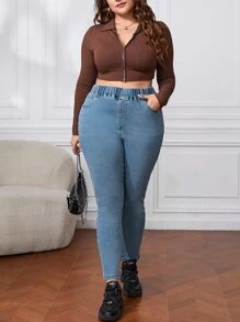 Plus High Waist Skinny Jeans - Medium Wash - View 5