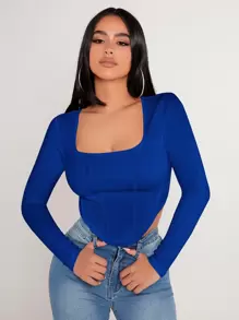 SHEIN PETITE Square Neck Asymmetrical Hem Tee - Royal Blue - View 4
