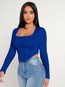 SHEIN PETITE Square Neck Asymmetrical Hem Tee - Royal Blue - View 5