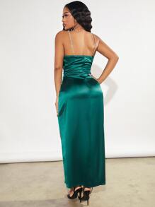SHEIN SXY Prom Dress;Ruched Split Thigh Satin Cami Dress - Dark Green - View 4