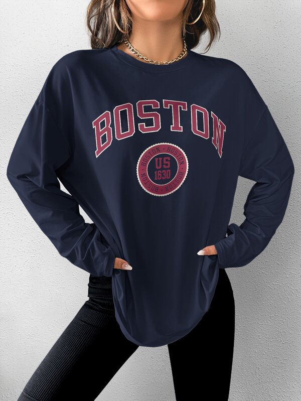 Flirla 字母图案落肩 T 恤 图案 T 恤 女式上衣