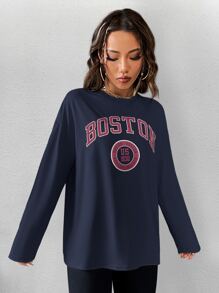 Flirla 字母图案落肩 T 恤 图案 T 恤 女式上衣 - 藏蓝色 - 查看 3