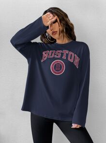 Flirla 字母图案落肩 T 恤 图案 T 恤 女式上衣 - 藏蓝色 - 查看 5