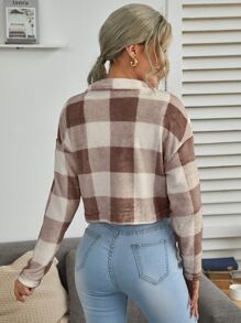 SHEIN LUNE 前扣落肩水牛格子夹克，女士深秋休闲纽扣落肩领常规版型多色格子女式夹克，休闲日常穿着 - 彩色 - 查看 2