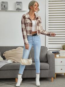 SHEIN LUNE 前扣落肩水牛格子夹克，女士深秋休闲纽扣落肩领常规版型多色格子女式夹克，休闲日常穿着 - 彩色 - 查看 3