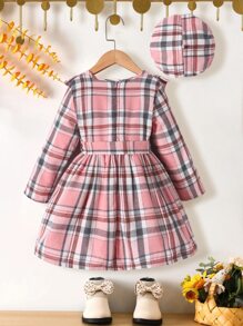 Cô Gái Trẻ In kẻ sọc Viền Ruffle Váy có thắt lưng - Hồng - Xem 2