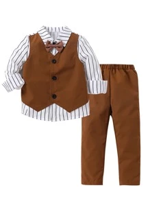 SHEIN 男小童條紋圖案前蝴蝶結二合一襯衫和褲子 - 彩色 - 查看 1