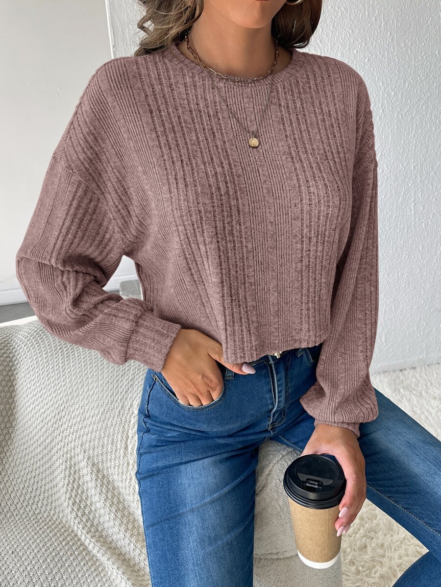 SHEIN Essnce Áo thun nữ Gân đan màu trơn Giải trí - Màu be - Xem 1