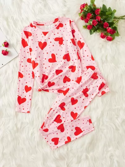 SHEIN Tween Girl Heart Print Tee & Pants Snug Fit PJ Set, For Christmas
