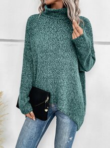 SHEIN LUNE Jersey tejido jaspeado cuello alto de manga murciélago - Verde - Ver 1