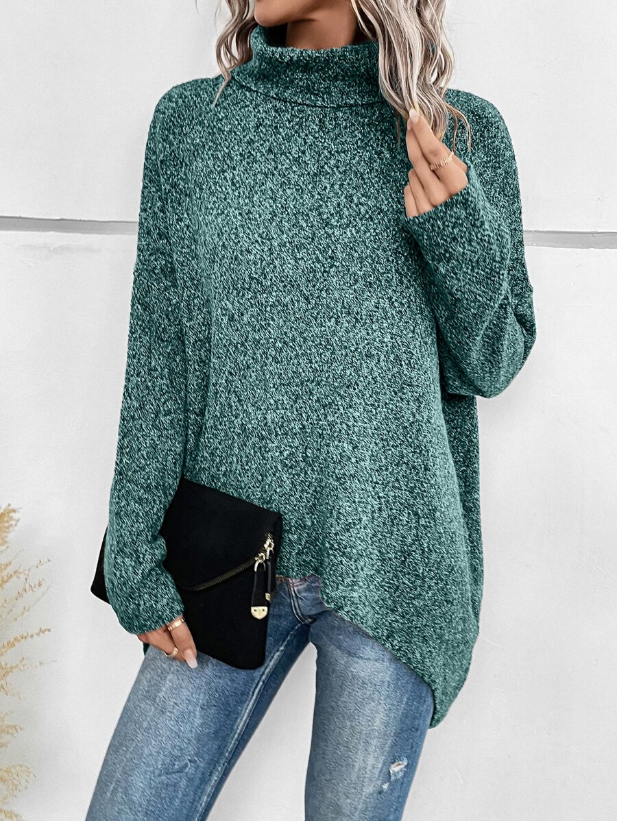 SHEIN LUNE Jersey tejido jaspeado cuello alto de manga murciélago - Verde - Ver 1