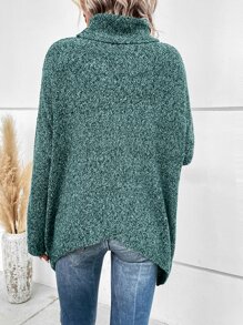 SHEIN LUNE Jersey tejido jaspeado cuello alto de manga murciélago - Verde - Ver 2