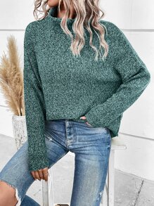 SHEIN LUNE Jersey tejido jaspeado cuello alto de manga murciélago - Verde - Ver 3