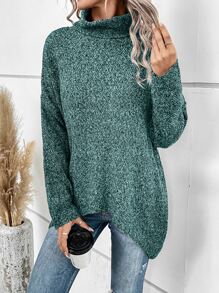 SHEIN LUNE Jersey tejido jaspeado cuello alto de manga murciélago - Verde - Ver 4