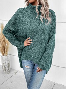 SHEIN LUNE Jersey tejido jaspeado cuello alto de manga murciélago - Verde - Ver 6