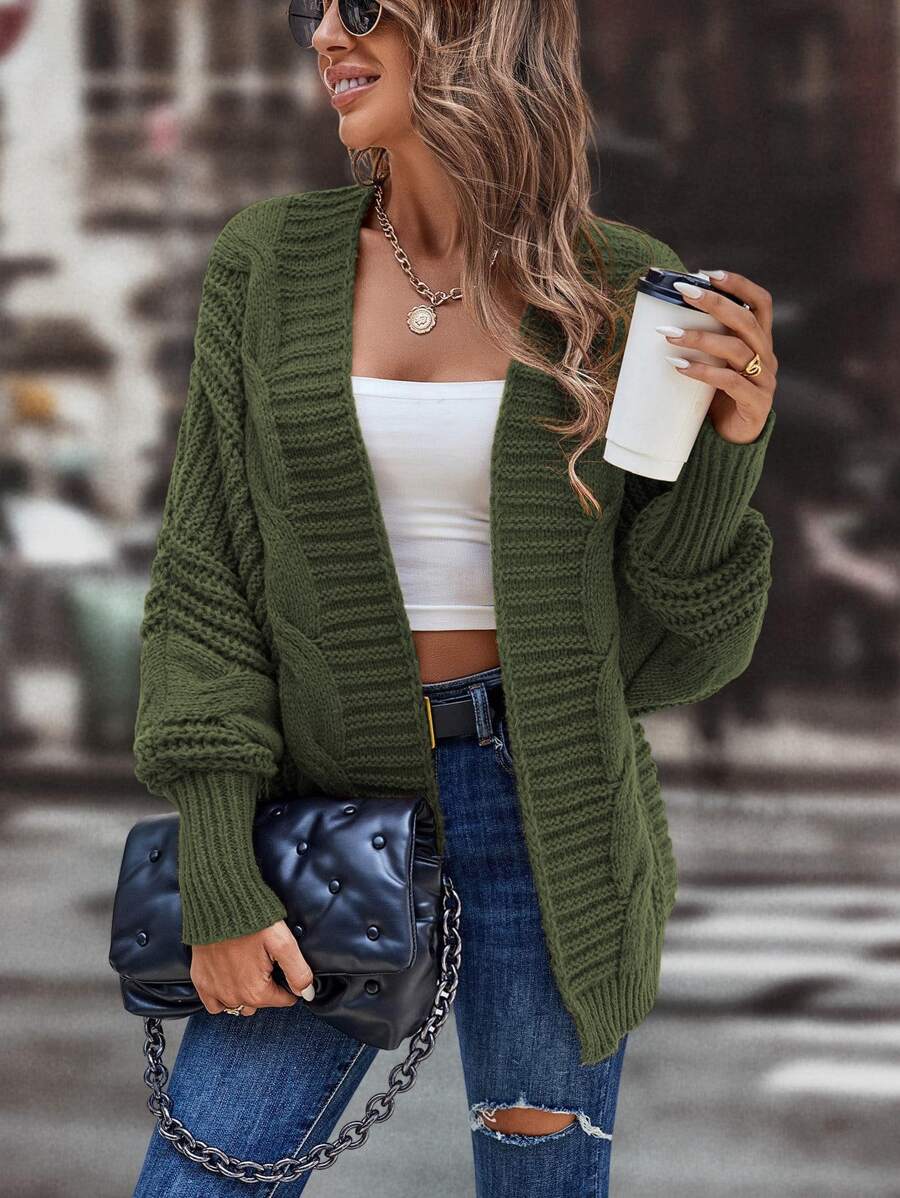 SHEIN LUNE Cable Knit Lantern Sleeve Cardigan - Dark Green - View 1