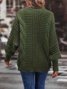 SHEIN LUNE Cable Knit Lantern Sleeve Cardigan - Dark Green - View 2