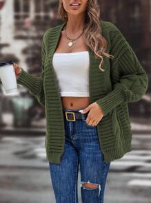 SHEIN LUNE Cable Knit Lantern Sleeve Cardigan - Dark Green - View 4