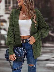 SHEIN LUNE Cable Knit Lantern Sleeve Cardigan - Dark Green - View 5