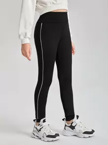 Girls Contrast Binding Leggings - Black - View 1