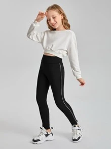 Girls Contrast Binding Leggings - Black - View 3