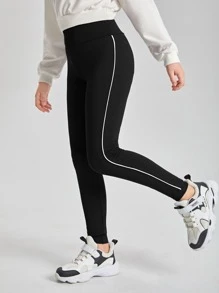 Girls Contrast Binding Leggings - Black - View 5