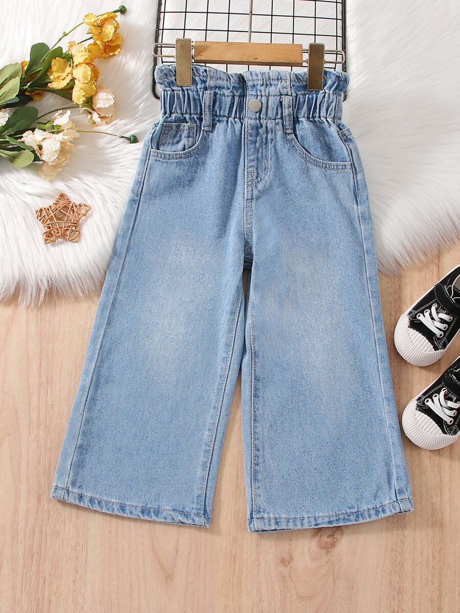 SHEIN Vintaside Kids 年輕女孩捲邊高腰寬腿牛仔褲