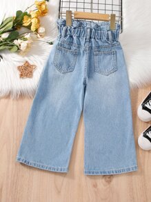 SHEIN Vintaside Kids 年輕女孩捲邊高腰寬腿牛仔褲