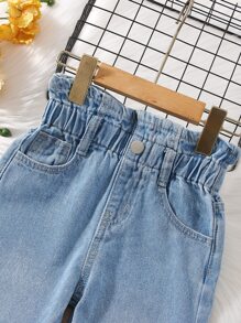 SHEIN Vintaside Kids 年輕女孩捲邊高腰寬腿牛仔褲