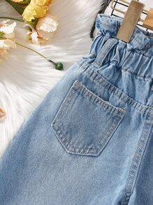 SHEIN Vintaside Kids 年輕女孩捲邊高腰寬腿牛仔褲
