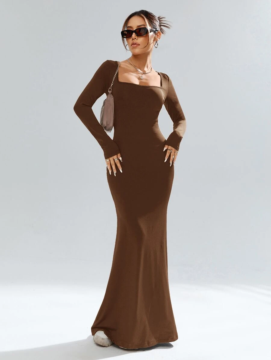 SHEIN Privé Đầm màu trơn Thanh lịch - Cà phê nâu - Xem 1