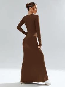 SHEIN Privé Đầm màu trơn Thanh lịch - Cà phê nâu - Xem 2
