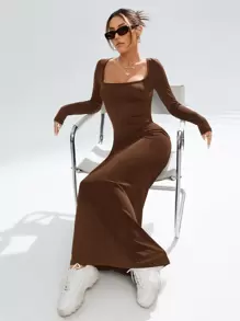 SHEIN Privé Đầm màu trơn Thanh lịch - Cà phê nâu - Xem 3