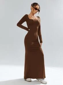 SHEIN Privé Đầm màu trơn Thanh lịch - Cà phê nâu - Xem 6