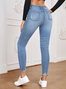 SHEIN Essnce Quần jean nữ Nút Túi Hem thô Bị tách Dây kéo màu trơn - Rửa nhẹ - Xem 2