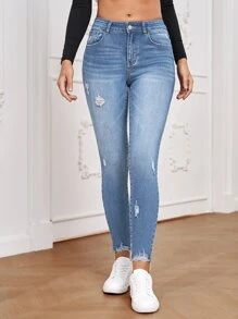 SHEIN Essnce Quần jean nữ Nút Túi Hem thô Bị tách Dây kéo màu trơn - Rửa nhẹ - Xem 3